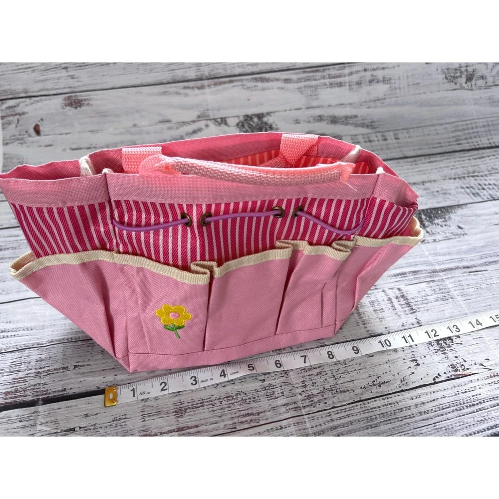 Garden Tote Bag Embroidered Flowers Pink Multi Pockets Tool Organizer